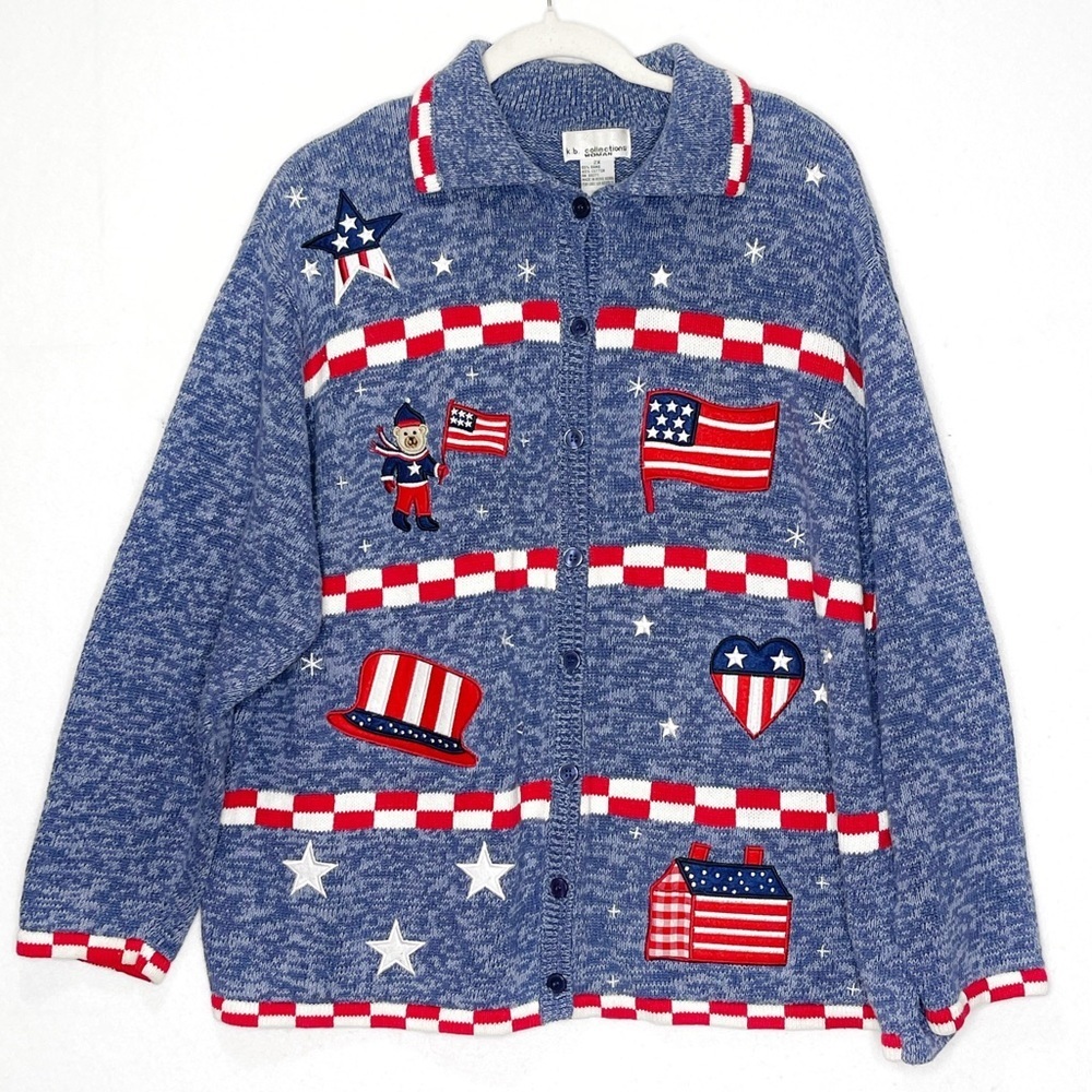 KB Collections Woman Patriotic Americana Bear Sweater Embroidered Felt Cardigan
